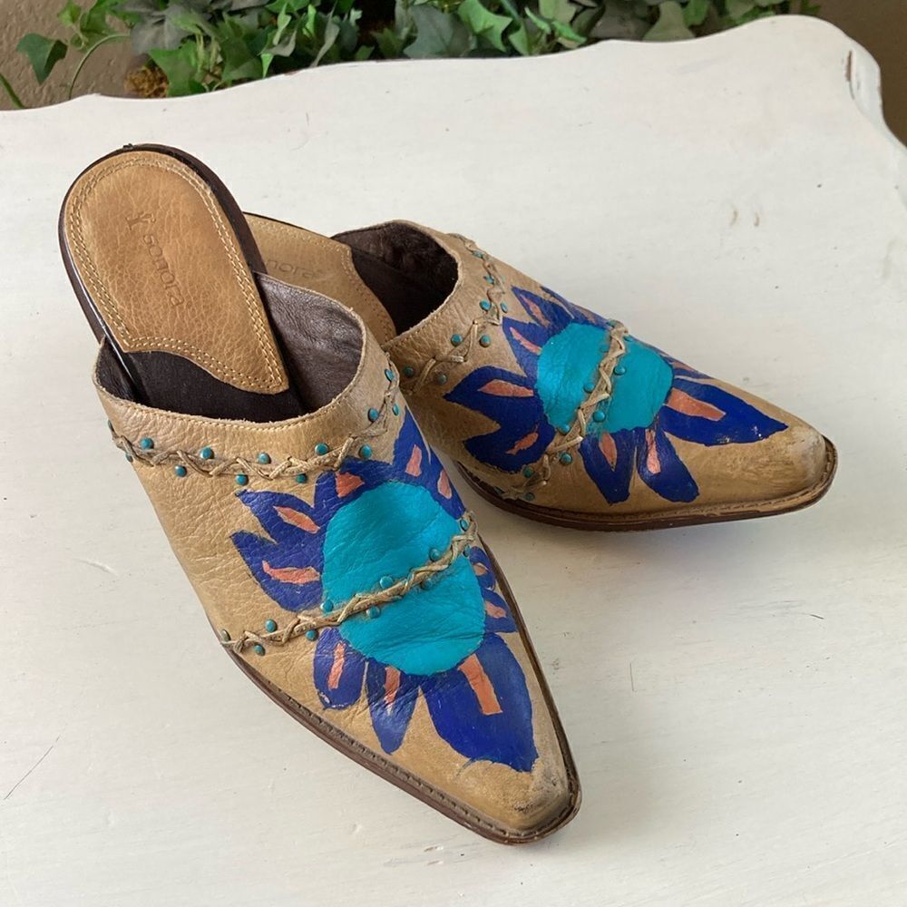Sonora by Double H Slip On Hand painted Western Boho Leather Mules Size 7.5 M